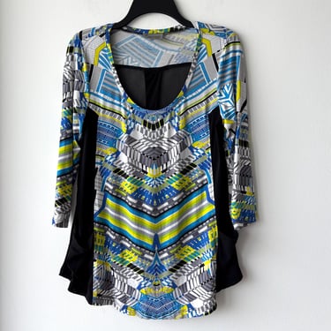 VTG Lynn Ritchie Top Geometric Print Blue Black Mesh Pockets 3/4 Sleeve Women Small Art Kitsch 