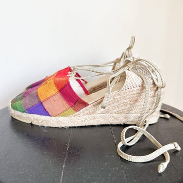 Vintage 1980s Andre Ossous Silk Madras Espadrille Sandals / size 6 1/2 