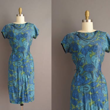 1960s Vintage Dress | Mode O Day Blue & Green Water Color Print Short Sleeve Dress | Small 