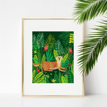 Leopard in Jungle 8x10 Art Print/ Tropical Forest Wall Decor/ Animal Illustration/ Big Cats Wildlife Giclee Print 