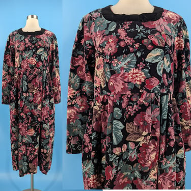 Vintage 80s Laura Ashley Floral Corduroy Long Sleeve Dress - Eighties Size 12 Shift Dress 