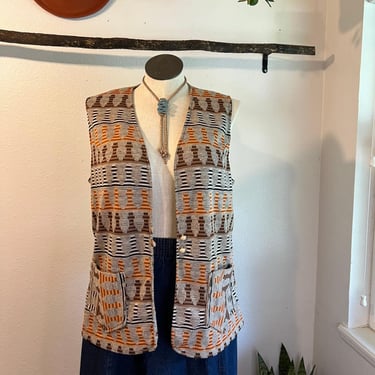 Vintage Handmade Southwestern Print Button Front Pockets Vest Size Medium 