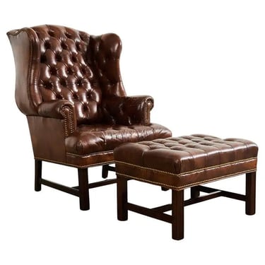 Georgian Style Tufted Cigar Leather Wingback Chair and Ottoman