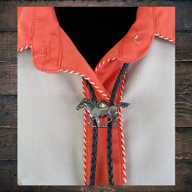 Bolo Tie for Western Shirts, Cowboy Western Tie, String Tie, Running Horse, Braided Black Leather with Silvertone Tips 