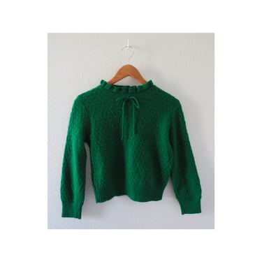 Vintage Dark Green Knit Sweater with Bow Long Sleeve Pullover - Size XS Small 