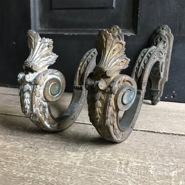 Pair French Bronze Drapery Tie Backs, Wall Hooks French Chateau Decor 