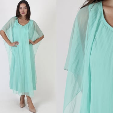 Long Mint Grecian Goddess Dress / Plain Avant Garde Chiffon Gown / Vintage 70s Disco Style Pleated Overlay 