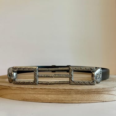 Vintage Chico's Black Genuine Leather Adjustable Chunky Silver Buckle Belt S/M 