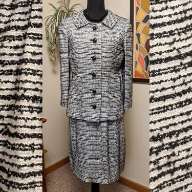 Vintage Designer 1960s Black & White Textured Stripe Suit with Matching Jacket and Skirt by Hannah Troy 