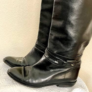 Black Leather Boots, Buckles, Low Heel, Equestrian Vibe, Made in Italy, Size 7 US 