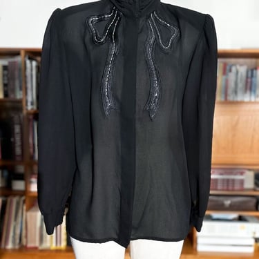 RARE Vintage Sheer Black BOW FRONT Beaded Blouse Karen Scott 1980s, 1940's Pinup style 