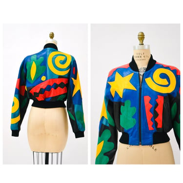 Vintage Black Leather Bomber Jacket Michael Hoban North Beach Tribal Matisse Small Medium Black Green Red Blue Abstract Art Leather Jacket 
