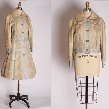 1960s Gray Leather Knee Length Square Cut Gray White Mink Fur Two Way Convertible Jacket to Princess Coat -L 