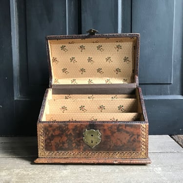 Antique French Leather Stationary Box, Stationery, Writing Travel Case, Original Paper Lining, Brass Lock, Antique Desk Decor Prop 