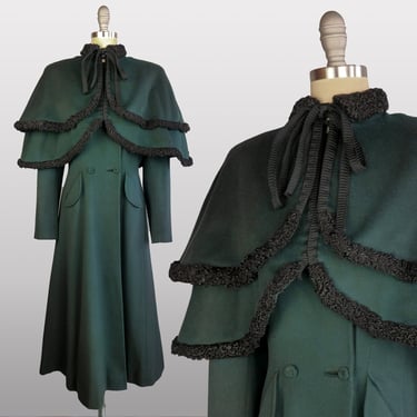 1940s Princess Coat / Kraeler Coat / Woman's Inverness Coat / Fur Trimmed Coat / Green Princess Coat / Size - Small 