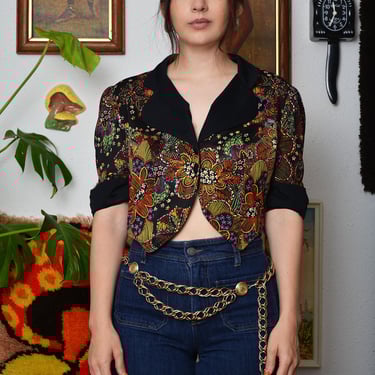 Vintage Late 60s- Early 70s Psychedelic Cropped Blouse – Floral Swirl Print, Sculpted Hem, Size S 