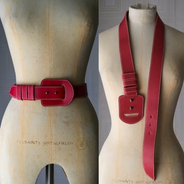 Vintage 80s Norma Kamali Lipstick Red Leather Belt w/ Leather Slide & Rivet Buckle | 32" to 34" | 100% Genuine Leather | 1980s OMO Designer 