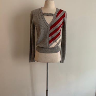 Sonia Rykeil made in Italy grey wool sweater with 1/2 chevron red stripe and bow detail-size S/M (marked 38) 