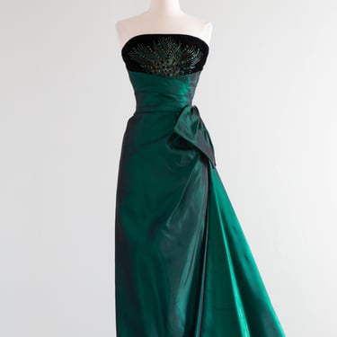 Fabulous Old Hollywood Velvet Evening Gown With Emerald Taffeta Skirt / XS