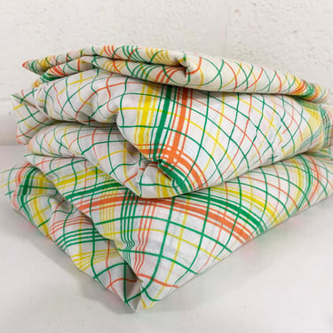 Vintage Tastemaker Twin Sheets Set of 2 Pair Fitted Flat Plaid Geometric Yellow Cotton Fabric 1970s 