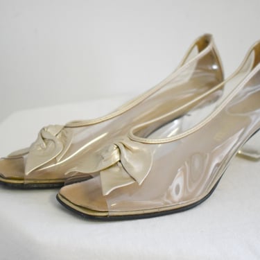 1970s/80s California Magdesians Gold Leather and Clear Vinyl Heels 