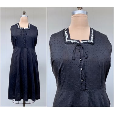 Vintage 1950s Sleeveless Black Cotton Day Dress, Mid-Century Shirtwaist Dress, Dotted Swiss Rockabilly Frock, 46