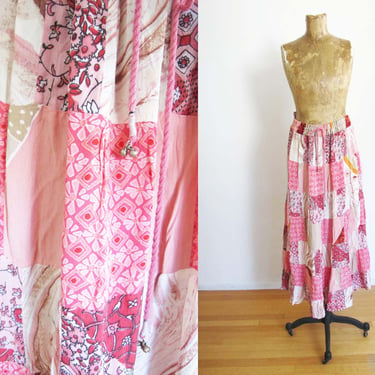 90s 2000s Pink Patchwork Indian Maxi Skirt OS - Vintage 1990s Bohemian Hippie Floral Paisley Rayon Skirt - Drawstring Peasant Skirt 