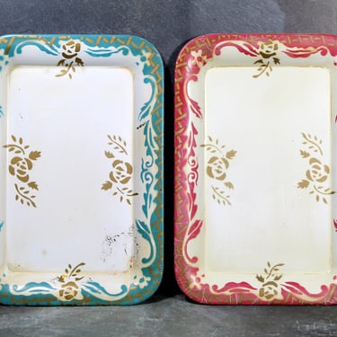 Set of 2 Small Shabby Chic Metal Trays - Mid-Century Rose and Gold & Teal and Gold Small Trinket Dishes/Trays | FREE SHIPPING 