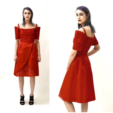 80s Vintage Red Prom Party Dress Size Small // 80s 90s Red Cocktail Party Dress Size Small Silk Lace Rhinestones off the shoulder 