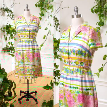 Vintage 1960s Shirt Dress | 60s Silk Floral Striped Printed Short Sleeve Shirtwaist Day Dress | large 