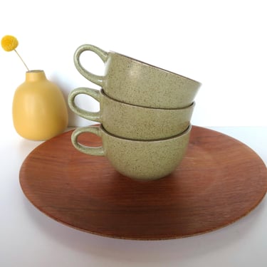 3 Early Heath Ceramics Teacups In Sage, Modernist Speckled Green Coffee Cups By Edith Heath 