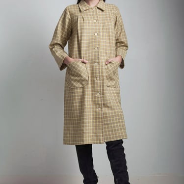 plus size vintage 70s plaid tweed coat dress with pockets brown yellow XL 1X Extra Large 