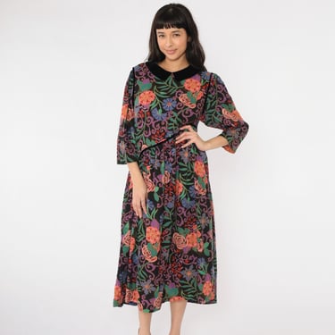 Vintage Floral Midi Dress 80s Black Multicolor Print Velvet Peter Pan Collar Asymmetrical Waist 1980s Garden Party Boho Romantic Large 12 