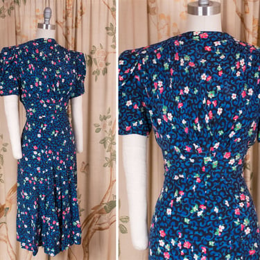 1930s Dress - Fantastic Late 30s Cold Rayon Floral Print Day Dress with Puff Sleeves 