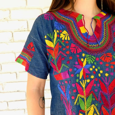 Hand Embroidered Mexican Blouse // vintage cotton boho hippie Mexican embroidered tunic mini sun dress hippy indigo blue denim // S/M 