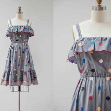 gray cotton dress | 70s 80s vintage rainbow polka dot spaghetti strap ruffled tiered knee length sun dress 