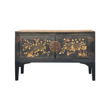 Vintage Black Base Golden Flower Birds Graphic Credenza Console Table ws4824E 