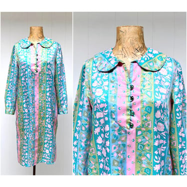 Vintage 1960s Striped-Floral Shirt Dress, Pink Blue Green Nylon Mid-Century Day Dress, Small 36