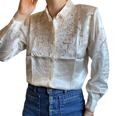 NWT Vintage 80s 100% Silk White Floral Lace Romantic Button Down Blouse Sz M 