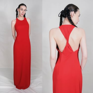 Vintage 90s Laundry by Shelli Segal Lipstick Red Racer Back Stretch Crepe Maxi Gown | Made in USA | 1990s Designer Grunge Era Maxi Dress 