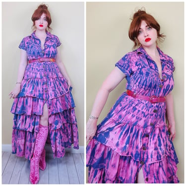 Y2K Vintage Blue and Pink Tie Dye Maxi Dress / Cotton Knit Tiered Ruffle Button Gown / Size Large 