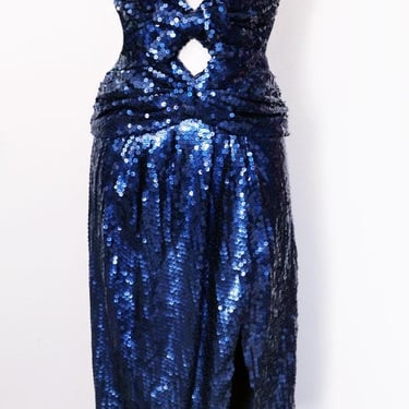 SCAASI Boutique Neiman-Marcus 1980's Blue Fully Sequined Long Evening Gown, Vintage Dress, Strapless, Bows, Formal Party Dress, Maxi 