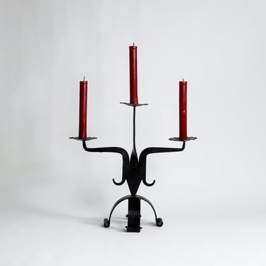 MCM Brutalist Candelabra, Hand Forged Iron Candle Holder, Holds 3 Candles, Vintage 1960's 