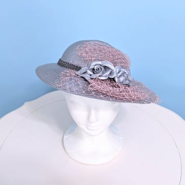 Vintage 1960s Silvery Blue Boho Straw Hat, Vintage 60 Floral Net Formal Church Hat 