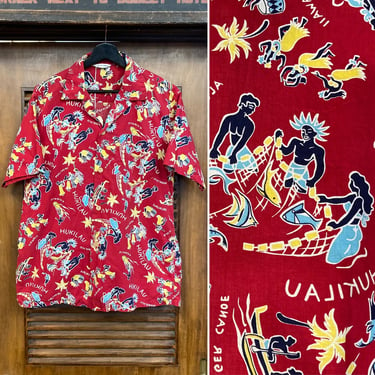Vintage 1950’s Atomic Cartoon Natives Tiki Cotton Loop Collar Hawaiian Shirt, 50’s Vintage Clothing 