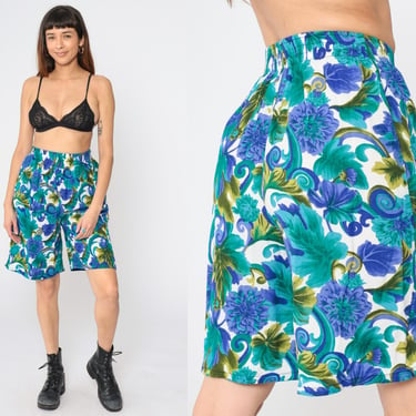 90s Shorts Blue Floral Baggy Shorts High Elastic Waist Wide Leg Lounge Relaxed Swirl Print Retro Baggy Streetwear Vintage 1990s Small 