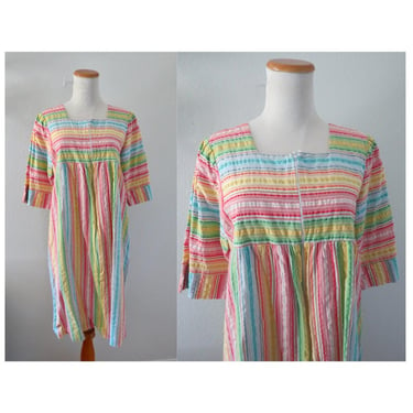 Vintage Rainbow Striped Dress - 80s House Dress Muu Muu - Zip Front Short Sleeves Stripe - Size Medium 