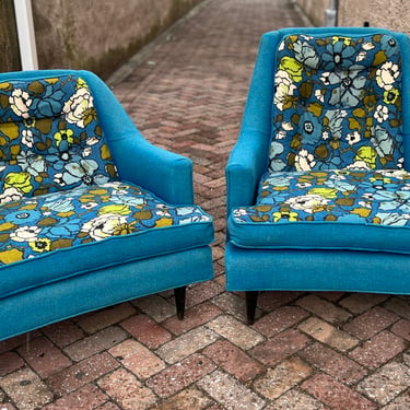 Adrian Pearsall for Bassett Prestige Blue Floral Armchairs (Pair)