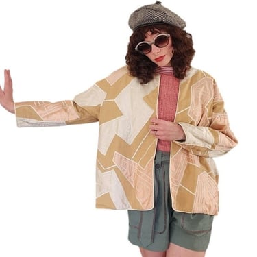 Vintage 80s Blazer Cotton Patchwork  Jacket Beige Brown Hyacinth Mexico 