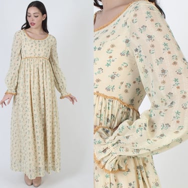 Cream Prairie Boho Wedding Maxi Dress / Vintage 70s Crochet Lace Trim / High Waisted Simple Bridesmaids Renn Fair Outfit 